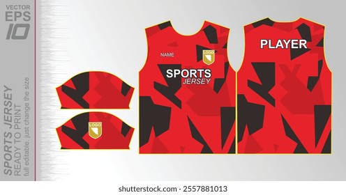 T-shirt sport jersey design Ready-to-print vector sports jersey design with a dynamic geometric line and halftone background. Perfect for team uniforms, featuring bold colors and modern styling