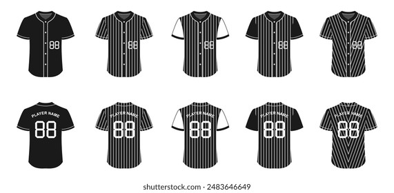 Conjunto de diseño de camiseta deportiva, para béisbol o fútbol. Ilustración vectorial aislada sobre fondo blanco.