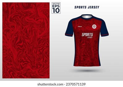 T-shirt sport jersey design template with liquify pattern on red background. Sport uniform in front view. Shirt mock up for sport club. Vector Illustration