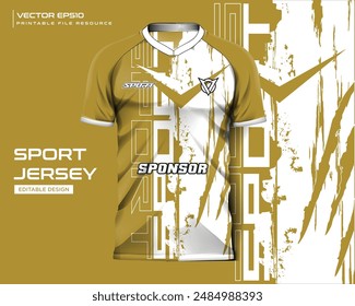 T-shirt sport jersey design template with abstract gold grunge pattern background. Jersey design for soccer, football, cycling, motocross.