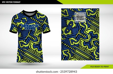 T-shirt sport jersey design template with geometric line stripes background. Sport uniform in front view. Shirt mock up for sport club. Vector Illustration