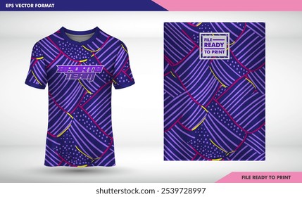 T-shirt sport jersey design template with geometric line stripes background. Sport uniform in front view. Shirt mock up for sport club. Vector Illustration