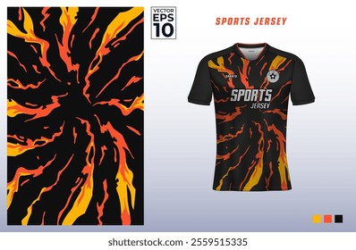 T-shirt sport jersey design template with fire flame pattern for gaming, e-sports, soccer, badminton, or volleyball. T shirt mockup for sport club. Vector Illustration