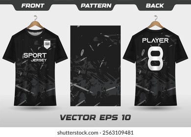 T-shirt sport jersey design template with abstract grunge halftone pattern background. Sport uniform in front view. Tshirt mock up for sport club. Vector Illustration 