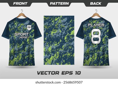 T-shirt sport jersey design template with abstract grunge halftone pattern background. Sport uniform in front view. Tshirt mock up for sport club. Vector Illustration 