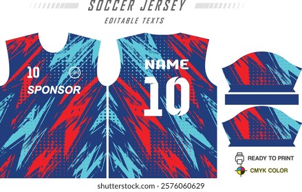 T-shirt sport jersey design template with geometric halftone background. Sport uniform in front view. Shirt mock up for sport club. Vector Illustration