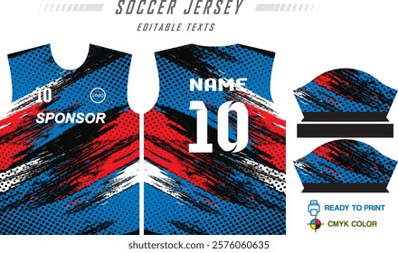 T-shirt sport jersey design template with geometric halftone background. Sport uniform in front view. Shirt mock up for sport club. Vector Illustration