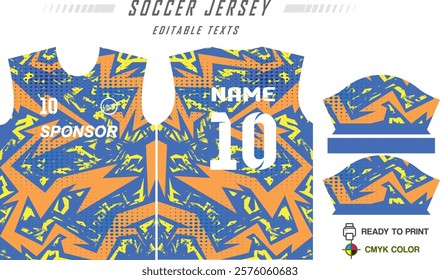 T-shirt sport jersey design template with geometric halftone background. Sport uniform in front view. Shirt mock up for sport club. Vector Illustration