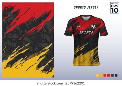 T-shirt sport jersey design template with abstract grunge line halftone pattern background. Sport uniform in front view. Tshirt mock up for sport club. Vector Illustration