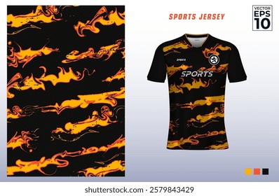 T-shirt sport jersey design template with fire flame pattern for soccer, badminton, volleyball, gaming, e-sports, etc. T shirt mockup for sport club. Vector Illustration