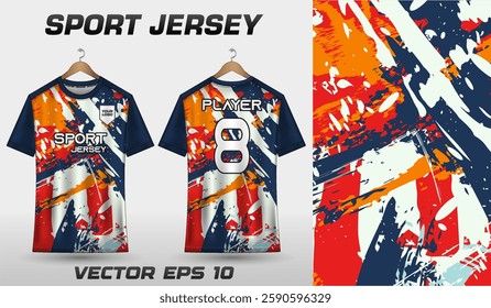 T-shirt sport jersey design template with abstract grunge halftone pattern background. Sport uniform in front view. T-shirt mock up for sport club.