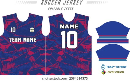T-shirt sport jersey design template with geometric line background. Sport uniform in front view. Shirt mock up for sport club. Vector Illustration