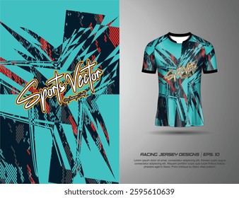 T-shirt sport jersey design template with abstract grunge halftone pattern background. Sport uniform in front view. Tshirt mock up for sport club. Vector Illustration