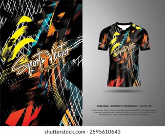 T-shirt sport jersey design template with abstract grunge halftone pattern background. Sport uniform in front view. Tshirt mock up for sport club. Vector Illustration