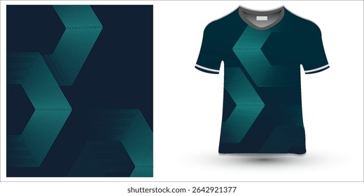 T-shirt sport jersey design template with geometric line halftone background. Sport uniform in front view. Shirt mock up for sport club. Vector Illustration