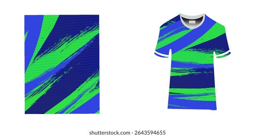 T-shirt sport jersey design template with gradient geometric line stripes background. Sport uniform in front view. Shirt mock up for sport club. Vector Illustration