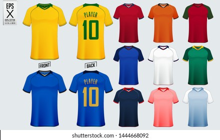 T-shirt sport mockup template design for soccer jersey, football kit and tank top for basketball jersey. Sport uniform in front and back view. Sport shirt template for sport club. Vector Illustration.