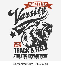 T-shirt stamp graphic, Bear head cartoon, Grizzly Mascot Hand drawn Emblem, Sport wear typography. Wild animal tee. Vector