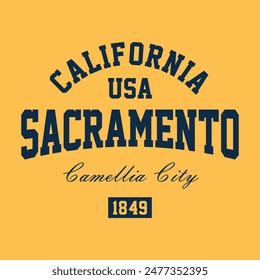 Gráfico de sello de la camiseta, emblema de la tipografía del desgaste de viaje de California Impresión de la camiseta vintage de Sacramento, impresión gráfica de la camiseta del diseño de la ropa deportiva