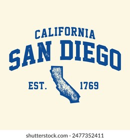 Gráfico de sello de la camiseta, emblema de la tipografía del desgaste del viaje de California impresión de la camiseta vintage de San Diego, impresión gráfica de la camiseta del diseño de la ropa del deporte