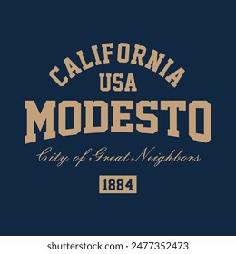 T-shirt stamp graphic, California travel wear typography emblem Modesto vintage tee print, sport apparel design shirt graphic print