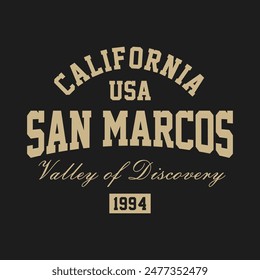 Gráfico de sello de camiseta, emblema de tipografía de desgaste de viaje de California San Marcos estampado de camiseta vintage, impresión gráfica de camiseta de diseño de ropa deportiva