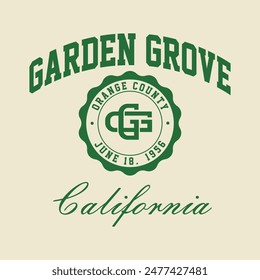 T-shirt stamp graphic, California travel wear typography emblem Garden Grove vintage tee print, sport apparel design shirt graphic print