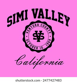 T-shirt stamp graphic, California travel wear typography emblem Simi Valley vintage tee print, sport apparel design shirt graphic print