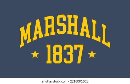 T-shirt stamp graphic, college wear emblem Marshall vintage tee print, athletic apparel design shirt graphic print