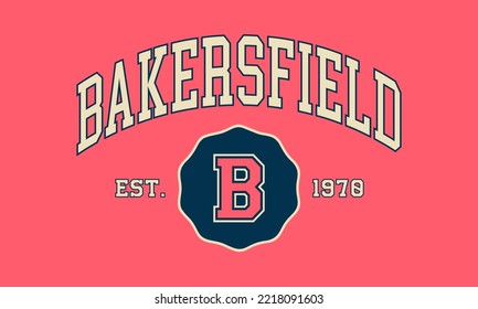 T-shirt Stamp Graphic, College Wear Emblem Bakersfield Vintage Tee Print, Athletic Apparel Design Shirt Graphic Print