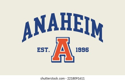 T-shirt stamp graphic, college wear emblem Anaheim vintage tee print, athletic apparel design shirt graphic print