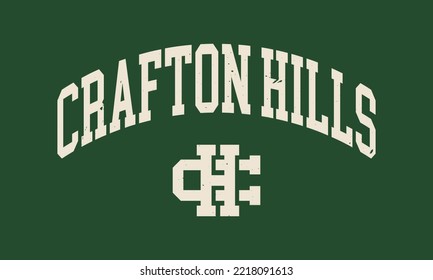 T-shirt stamp graphic, college wear emblem Crafton Hills vintage tee print, athletic apparel design shirt graphic print