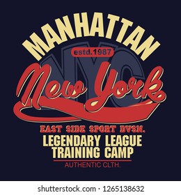 T-shirt stamp graphic, New York Sport wear typography emblem Manhattan vintage tee print, athletic apparel design shirt graphic print. vector