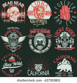 T-shirt stamp graphic set, California Sport wear typography emblem set, Skull rider vintage tee print, Lion athletic apparel design graphic print. Vector