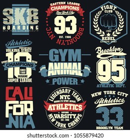 T-shirt stamp graphic set, New York Sport wear typography emblem collection, vintage tee print, athletic apparel design graphic print. vector