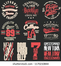 T-shirt stamp graphic set, New York Sport wear typography emblem collection, skate vintage tee print, athletic apparel design graphic print. vector