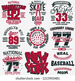 T-shirt stamp graphic set, New York Sport wear typography emblem collection, skate vintage tee print, baseball athletic apparel design graphic print. vector