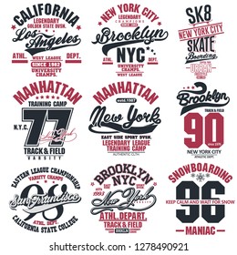 T-shirt stamp graphic set, New York Sport wear typography emblem collection, skate vintage tee print, athletic apparel design graphic print. vector