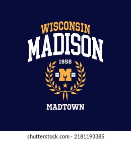 T-shirt stamp graphic, Sport wear typography emblem Madison, Wisconsin vintage tee print, athletic apparel design shirt graphic print