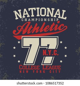 T-shirt stamp graphics, New York College Sport wear typography emblem, tee print, athletic apparel design. Vector