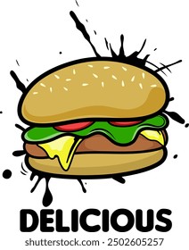 T-shirt or sticker design illustration with burger object, eps 10, editable.