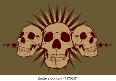 A t-shirt style illustration of three skulls with a spiky Mohawk