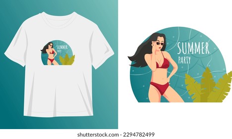 T-Shirt Sommerparty mit rotem Bikini Mädchen