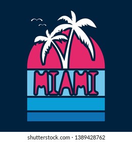 T-shirt with  Summer theme. Miami. Emblem and print for printing on T-shirts, posters, stickers, cards, etc. Vector image.