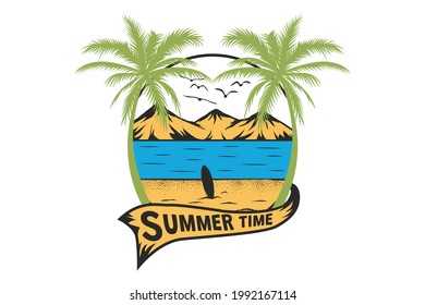 T-shirt summer time beach hand drawn retro vintage style