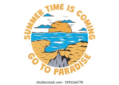 T-shirt summer time coming paradise hand drawn retro vintage style