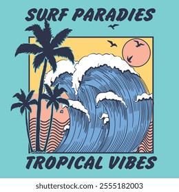 T-shirt summer tropical island wave vibes nature hand drawn vintage retro style