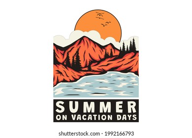 T-shirt summer vacation days mountain lake hand drawn retro vintage style