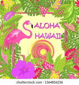 TShirt summery print with Aloha Hawaii lettering, pink flamingo, tropical leaves, hot sun and purple hibiscus for bag, Tshirt, summer party poster and other design