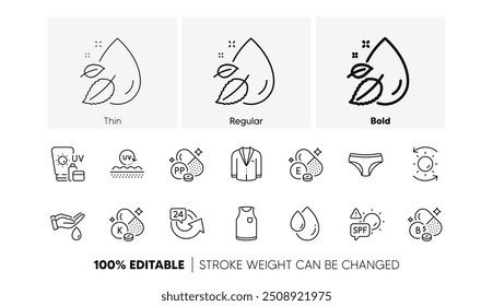 T-shirt, Sunscreen and Suit line icons. Pack of Water drop, Pantothenic acid, Spf protection icon. Sun protection, Vitamin e, Panties pictogram. Wash hands, Oil drop, 24 hours. Niacin. Vector